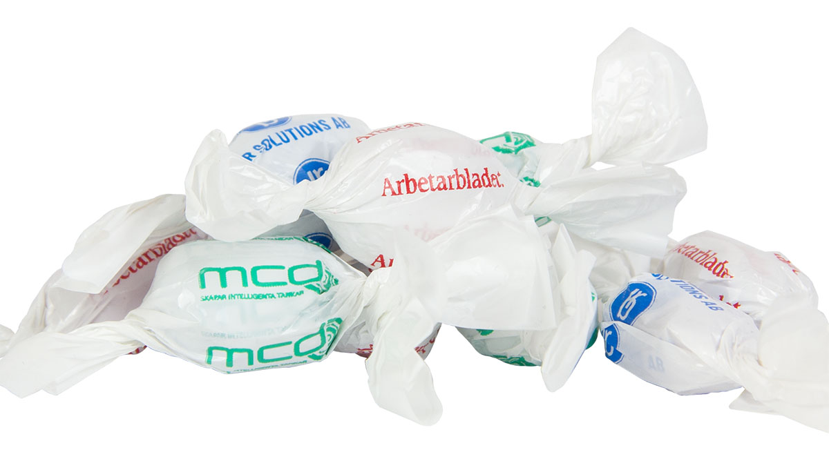 Karameller i twistad förpackning med trycka logotyper - Reklamhuset RINK